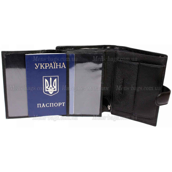 Черное матовое портмоне с механической застежкой с отделением для документов