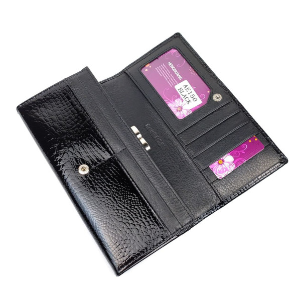 Женский кожаный лаковый кошелек на кнопке HENGHUANG HH-AE150-BLACK черный