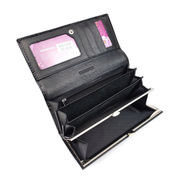 Женский кожаный лаковый кошелек на кнопке HENGHUANG HH-AE150-BLACK черный