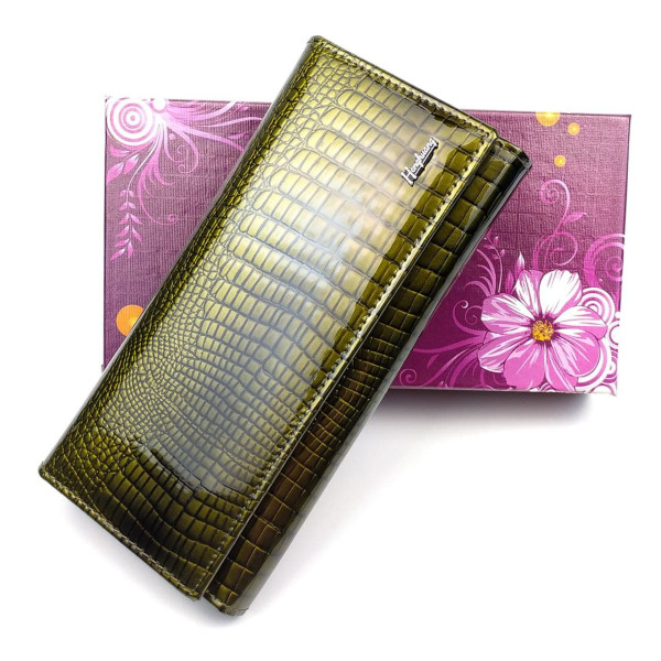 Женский кожаный лаковый кошелек на кнопке HENGHUANG HH-AE150-GREEN салатовый