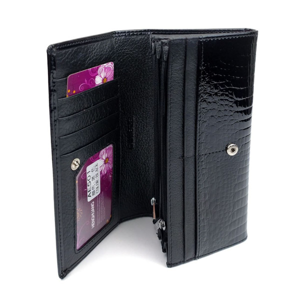 Женский кожаный лаковый кошелек на кнопке с монетницей HENGHUANG HH-AE501-BLACK черный